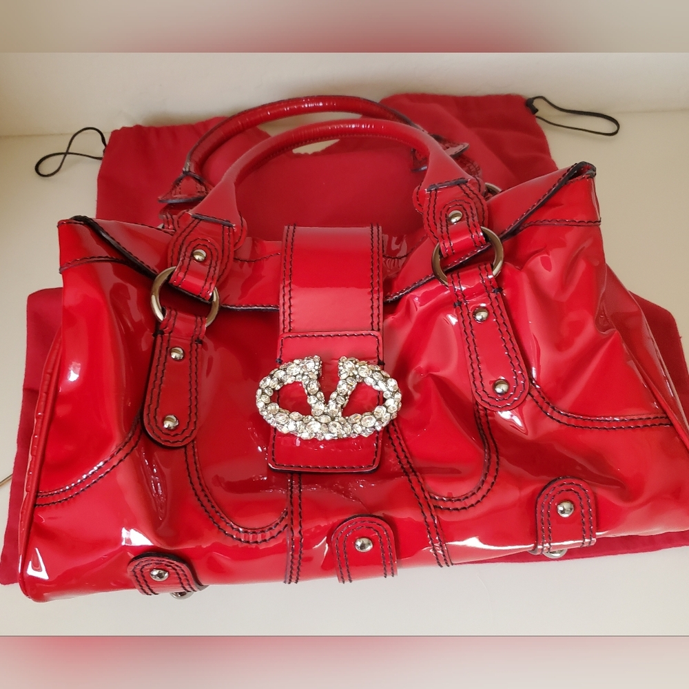 AUTHENTIC Valentino Bold Red Patent Leather Bag, Stylish Hardware & Crystal Logo